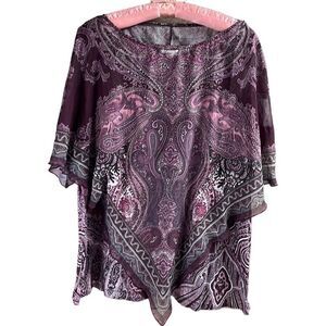 AVENUE Size 18/20 Blouse Burgundy Overlay Embellished Asymmetrical Hemline Plum